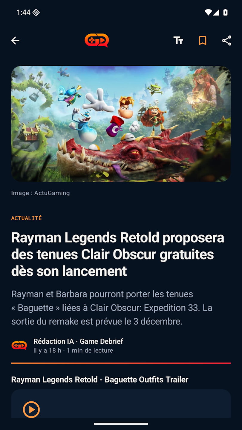 Un article sur Rayman dans l’app Android, avec son illustration, son texte et sa vidéo.