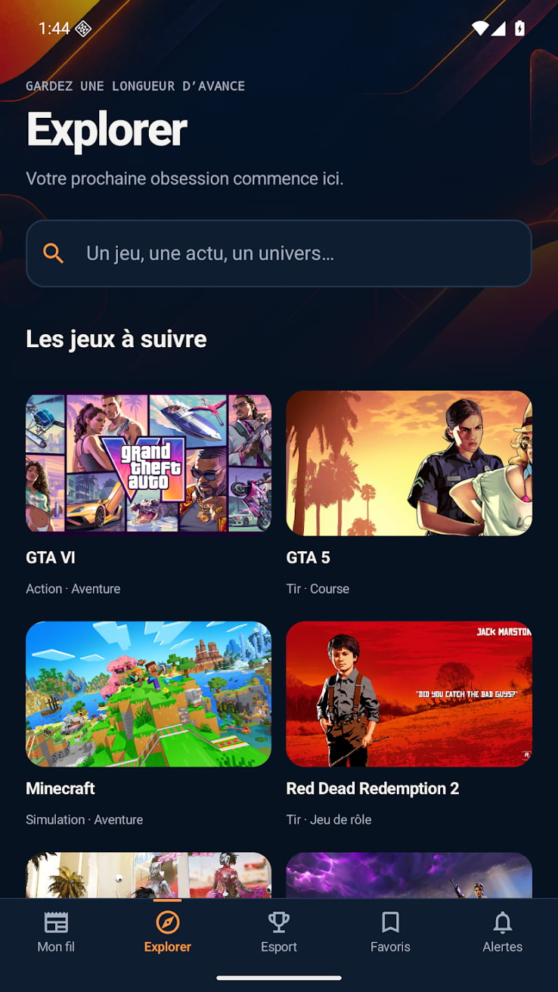 Écran Explorer de l’app Android avec une recherche et les fiches de GTA VI, GTA 5, Minecraft et Red Dead Redemption 2.