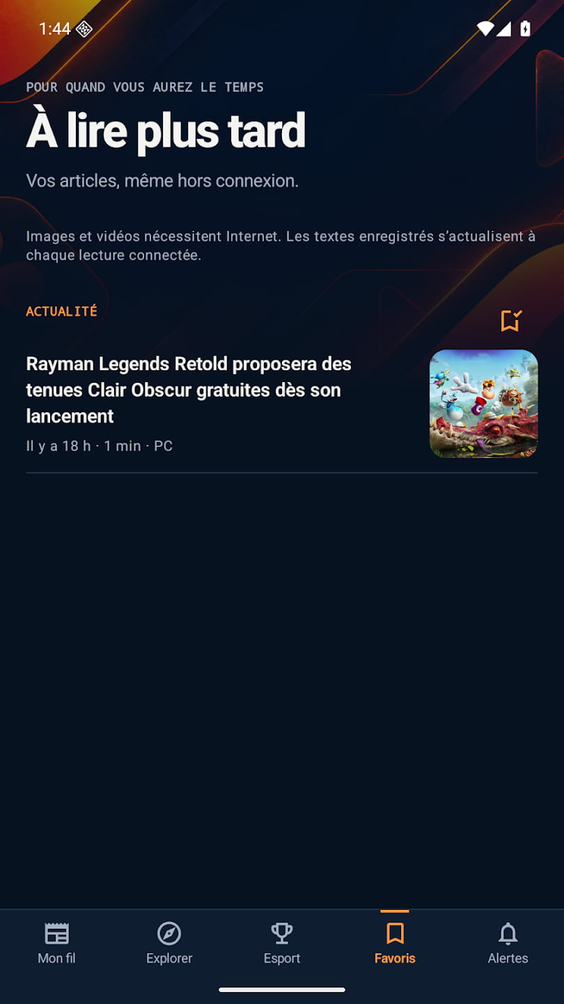 Écran À lire plus tard de l’app Android avec un article enregistré et la mention de lecture hors connexion.