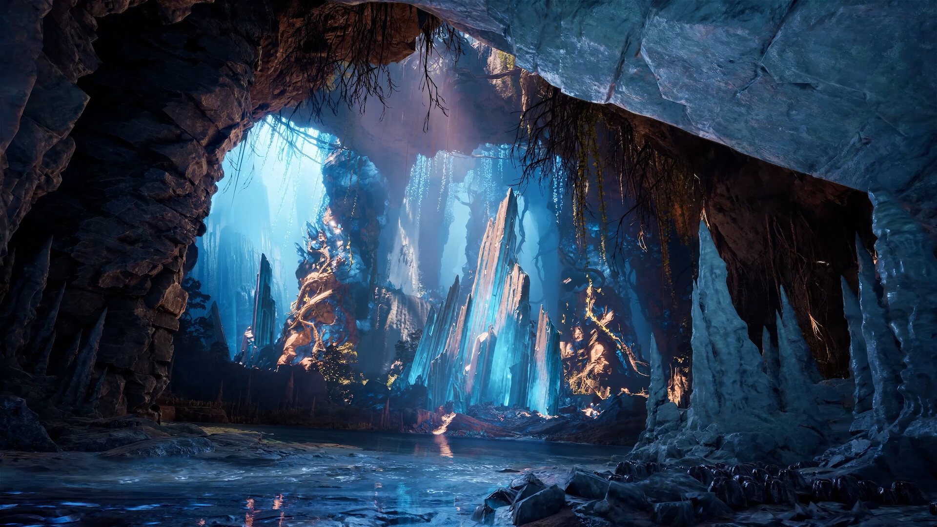 Une caverne d’AION 2 éclairée par de grands cristaux bleus