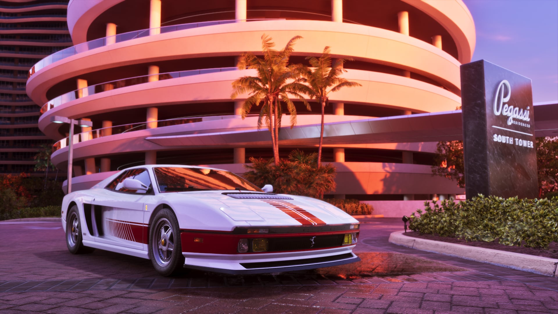 La sportive blanche ’95 Grotti Cheetah devant les Pegasus Residences à Vice City