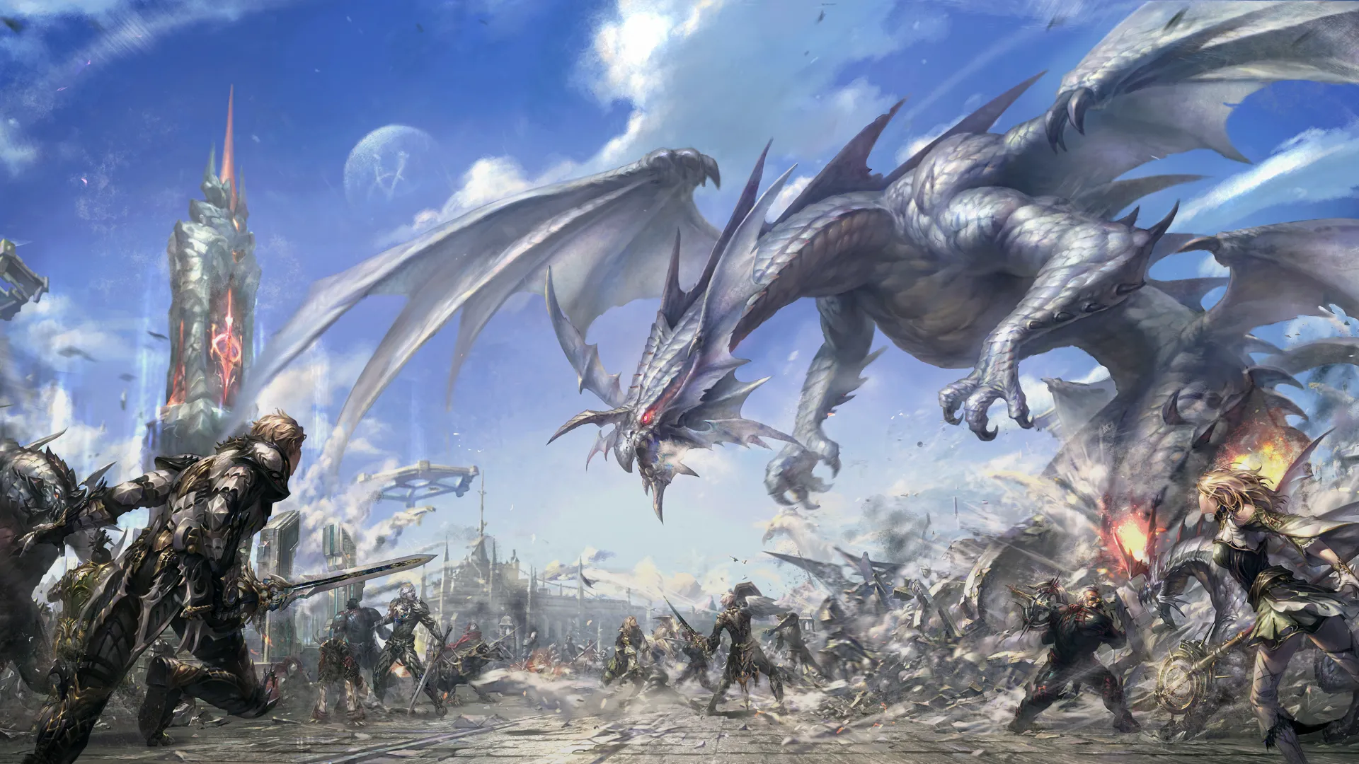 Illustration officielle de Lineage II montrant un groupe affrontant un dragon
