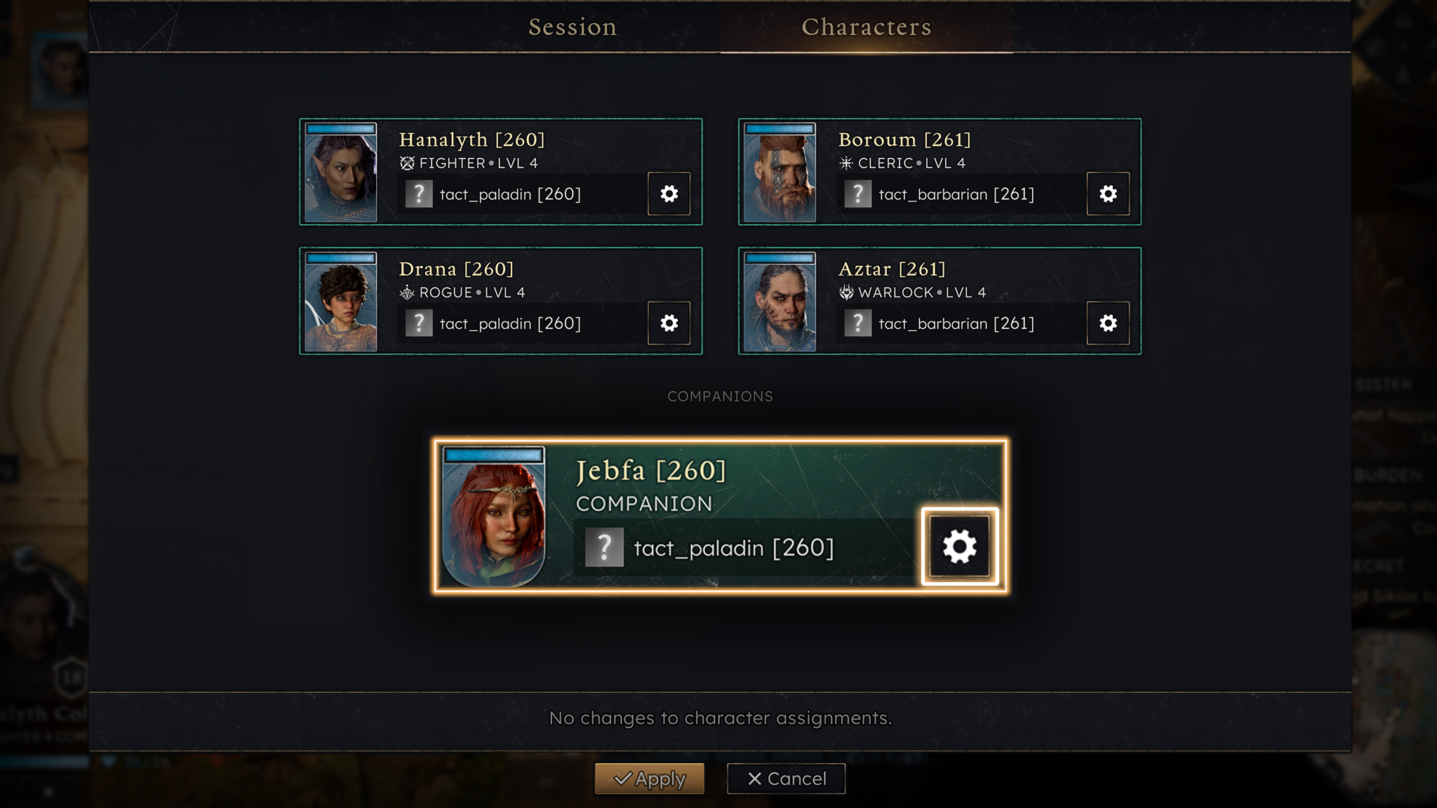 Interface de Solasta II affichant l’attribution de quatre personnages jouables et d’une compagne dans une session multijoueur.
