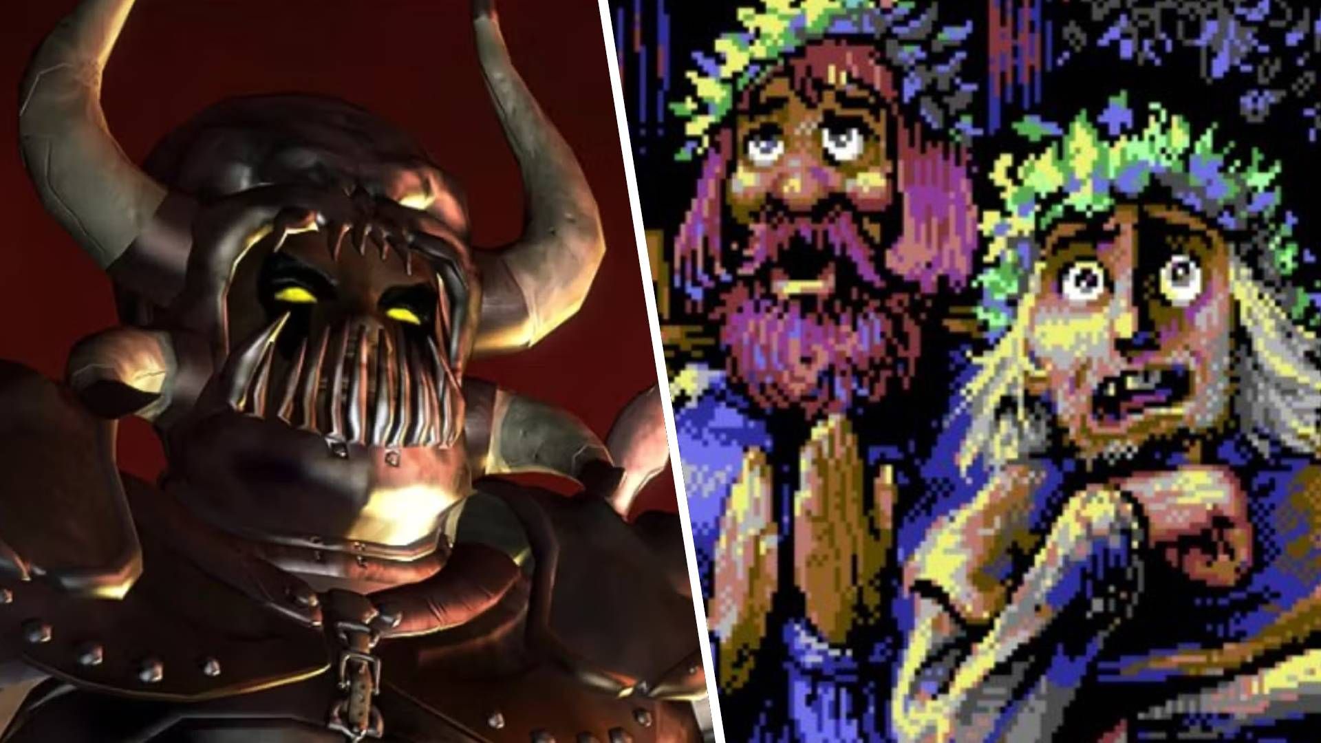 Left: Sarevok from Baldur's Gate. Right: peasants from Skald