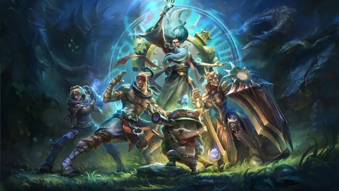 Key art for League of Legends Classic, showing a large group of Champions wielding weapons in a surreal blue environment