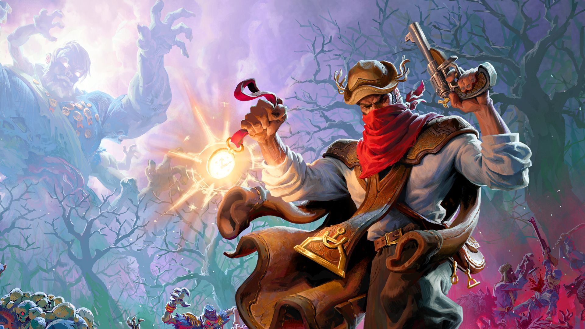 Key art of Hell clock's main character. A man wearing a hat and a scarf holds a pistol and a pocket watch with undead monsters lurking behind him.