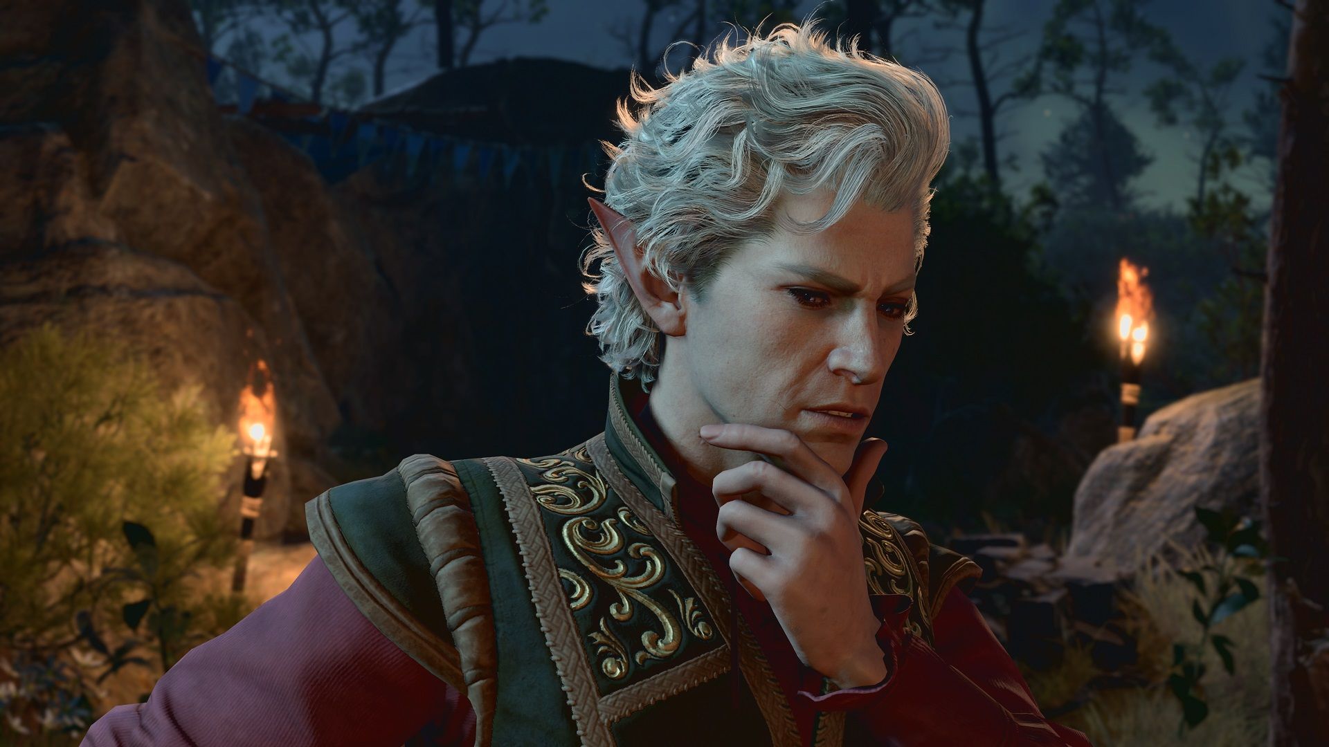 Astarian looking pensive with his hand resting on his chin in Baldur's Gate 3