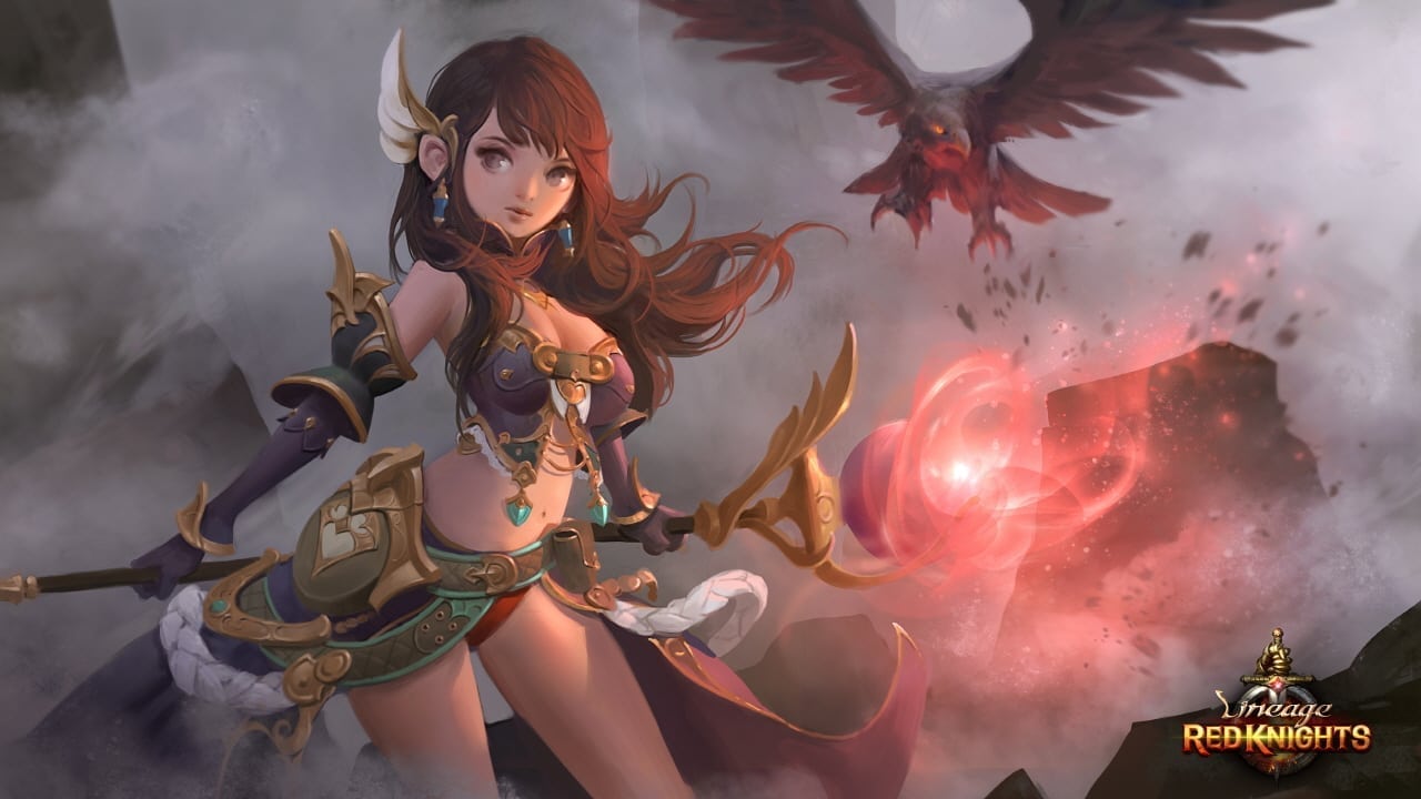Illustration de Lineage Red Knights avec une héroïne, un dragon et le logo du jeu