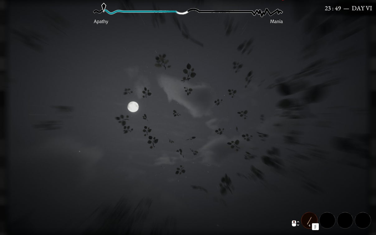 Floating foliage with the moon behind in a monochrome night-time scene from Pathologic 3.