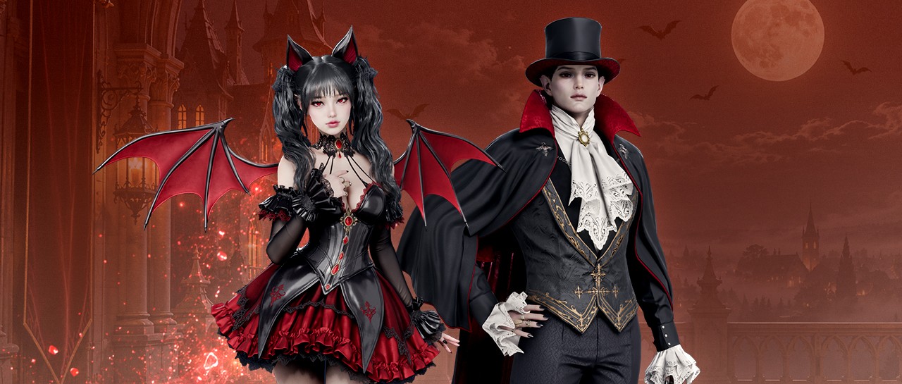 Deux personnages d’AION 2 portent les tenues vampiriques Monarch of Blood devant un château sous une lune rouge.